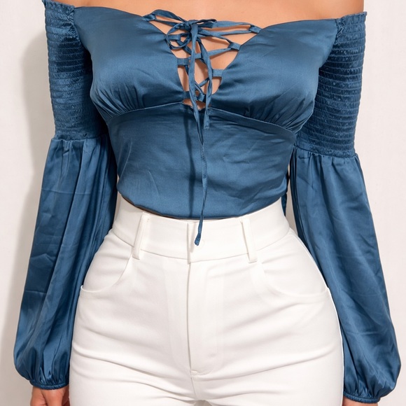 Guess Tops - Guess Blue Lace-Up Off-Shoulder Blouse blue dating top size small crop blouse